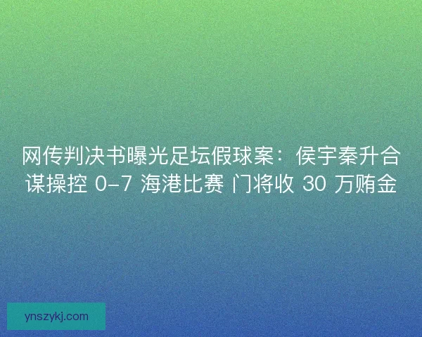 网传判决书曝光足坛假球案：侯宇秦升合谋操控 0-7 海港比赛 门将收 30 万贿金